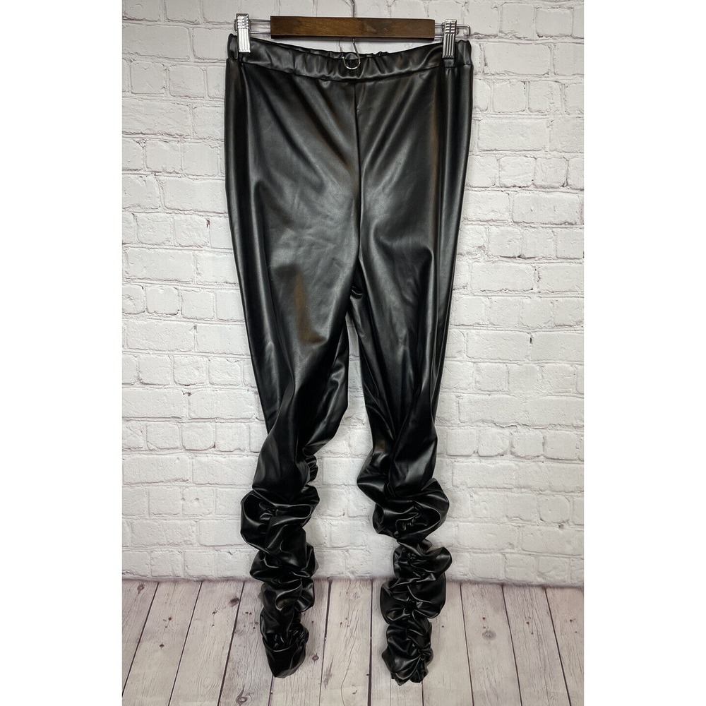 Pretty Little Things Faux Leather Pants leggings black ruched, sz 10, NWT